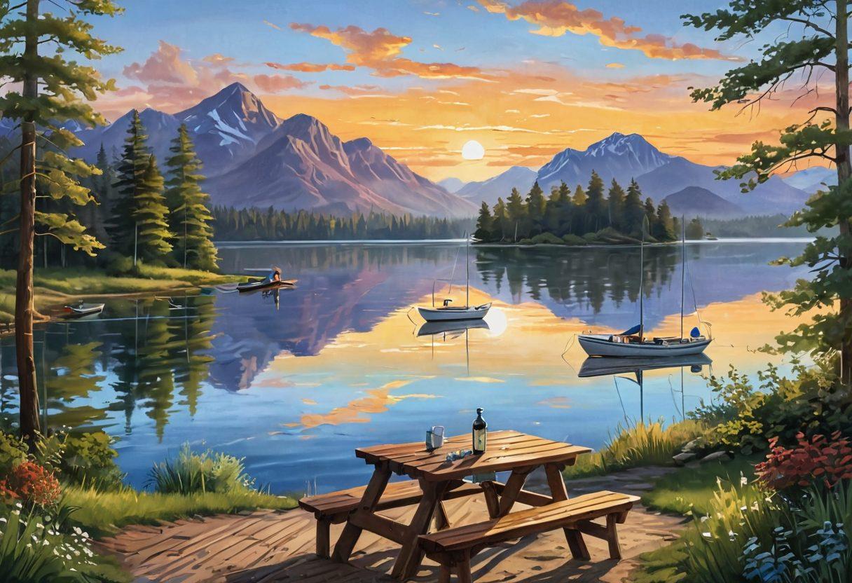 An illustration of a serene lake with a variety of boats, prominently featuring a sailboat and a motorboat, while a person studies a boating insurance brochure on a picnic table nearby. Add soft waves and a distant sunset to evoke calmness, highlighting the importance of safety and preparedness. The scene should reflect a blend of adventure and caution, with lush trees and distant mountains in the background. painting. vibrant colors. tranquil atmosphere.