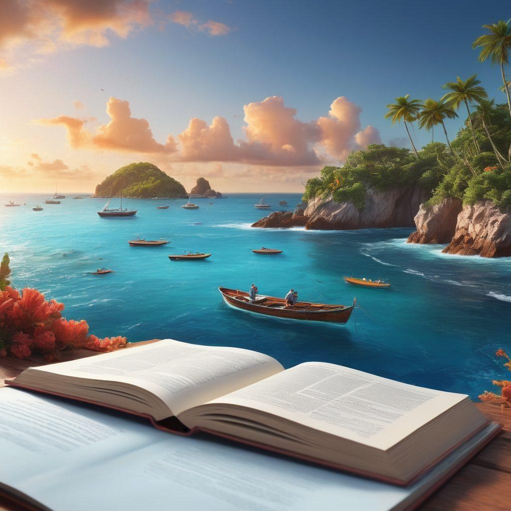 A serene ocean landscape featuring various boats, from yachts to fishing vessels, under a sunlit sky. Include a diverse group of people engaged in boating activities, pointing towards a large, open book labeled 'Marine Coverage Guide.' The foreground should showcase a vibrant coral reef, symbolizing protection, while the background has a subtle insurance shield overlay. To infuse a sense of adventure, add hints of tropical islands. super-realistic. vibrant colors. 3D.