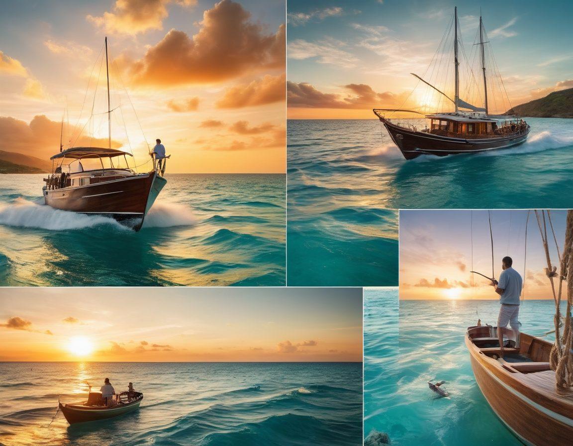 A dynamic collage featuring a luxurious yacht gliding through turquoise waters, juxtaposed with a rustic fishing boat casting its net at sunset. Include a smiling family on the yacht enjoying their time and a fisherman on the fishing boat showcasing a recent catch. The background should display a serene marine landscape with gentle waves and seagulls in the sky. showcase marine insurance elements like policy documents floating around them. vibrant colors. 3D.